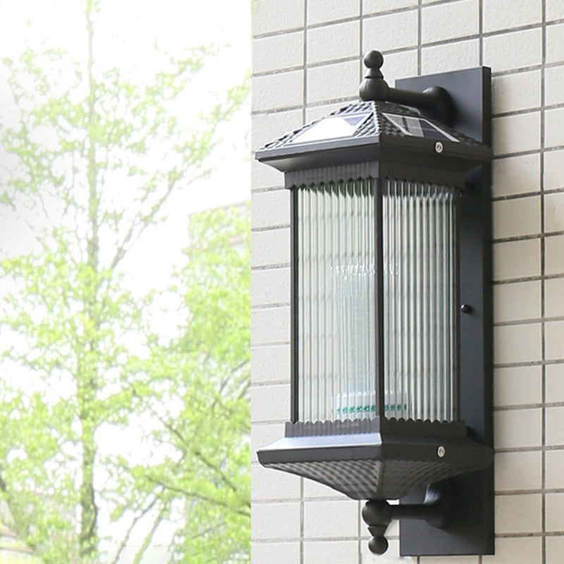 Rectangle Ribbed Glass LED Wall Mount Light Traditional Outdoor Solar Wall Light Fixture Black Solar Clearhalo 'Wall Lamps & Sconces' 'Wall Lights' Lighting' 2108099