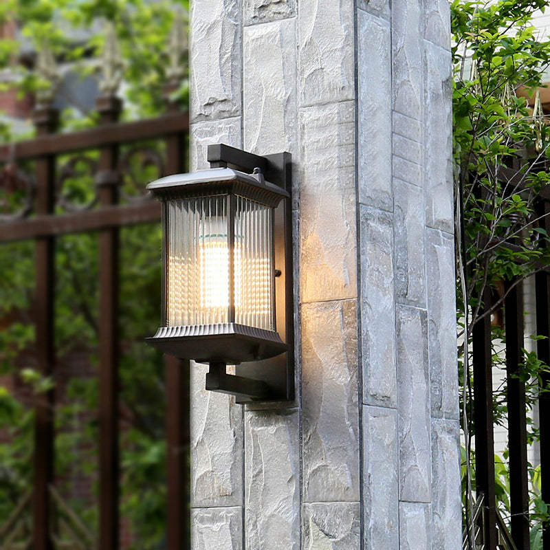 Rectangular Ribbed Glass Wall Lamp Rustic 1 Bulb Courtyard Wall Light Fixture in Coffee Clearhalo 'Wall Lamps & Sconces' 'Wall Lights' Lighting' 2108105