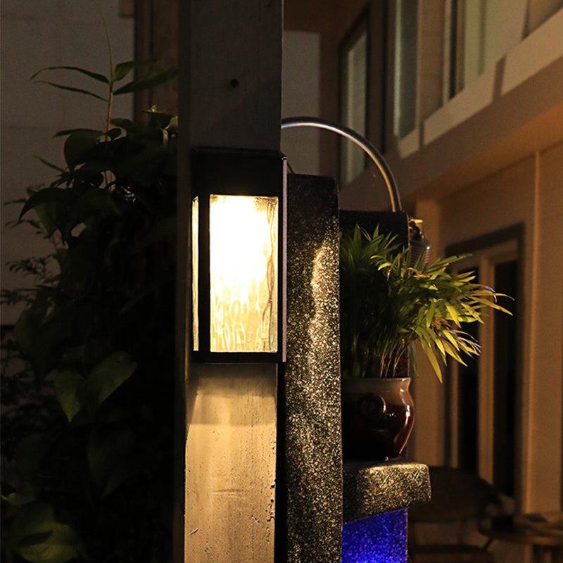 Rectangular Ripple Glass Solar Wall Light Vintage Outdoor LED Wall Mounted Lamp in Black Clearhalo 'Wall Lamps & Sconces' 'Wall Lights' Lighting' 2108113