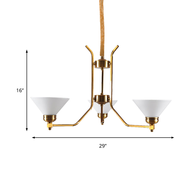 Cone White Glass Chandelier Lighting Traditional 3/6 Lights Living Room Pendant Lighting in Gold Clearhalo 'Ceiling Lights' 'Chandeliers' Lighting' options 210812