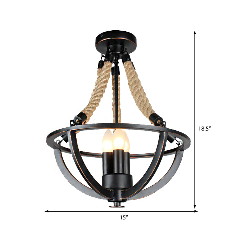 Black 3-Light Pendant Chandelier Industrial Metal and Rope Candle Hanging Light for Living Room Clearhalo 'Ceiling Lights' 'Chandeliers' Lighting' options 210829