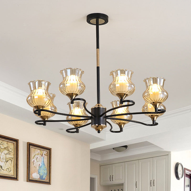 Sputnik Living Room Ceiling Chandelier Classic Tan Textured Glass 3/6/8 Lights Black Hanging Fixture Clearhalo 'Ceiling Lights' 'Chandeliers' Lighting' options 210841