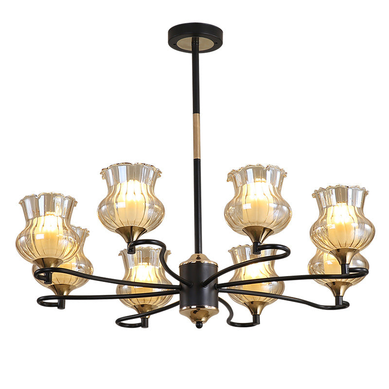 Sputnik Living Room Ceiling Chandelier Classic Tan Textured Glass 3/6/8 Lights Black Hanging Fixture Clearhalo 'Ceiling Lights' 'Chandeliers' Lighting' options 210843