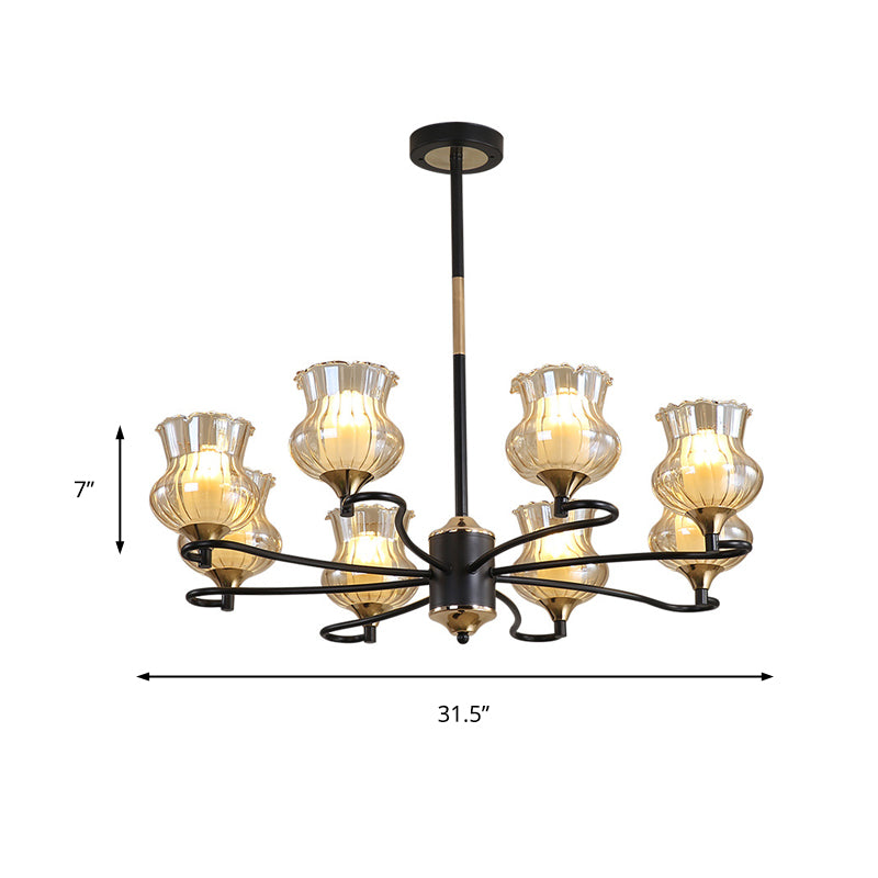 Sputnik Living Room Ceiling Chandelier Classic Tan Textured Glass 3/6/8 Lights Black Hanging Fixture Clearhalo 'Ceiling Lights' 'Chandeliers' Lighting' options 210844