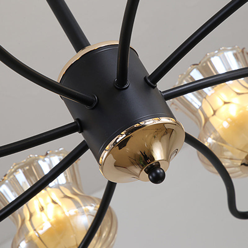 Sputnik Living Room Ceiling Chandelier Classic Tan Textured Glass 3/6/8 Lights Black Hanging Fixture Clearhalo 'Ceiling Lights' 'Chandeliers' Lighting' options 210845