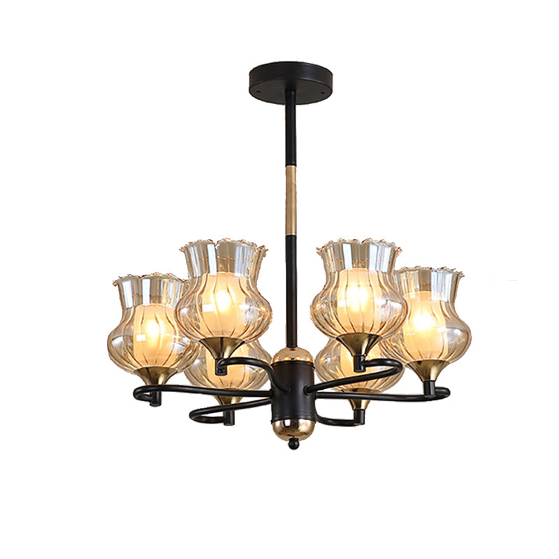 Sputnik Living Room Ceiling Chandelier Classic Tan Textured Glass 3/6/8 Lights Black Hanging Fixture Clearhalo 'Ceiling Lights' 'Chandeliers' Lighting' options 210849