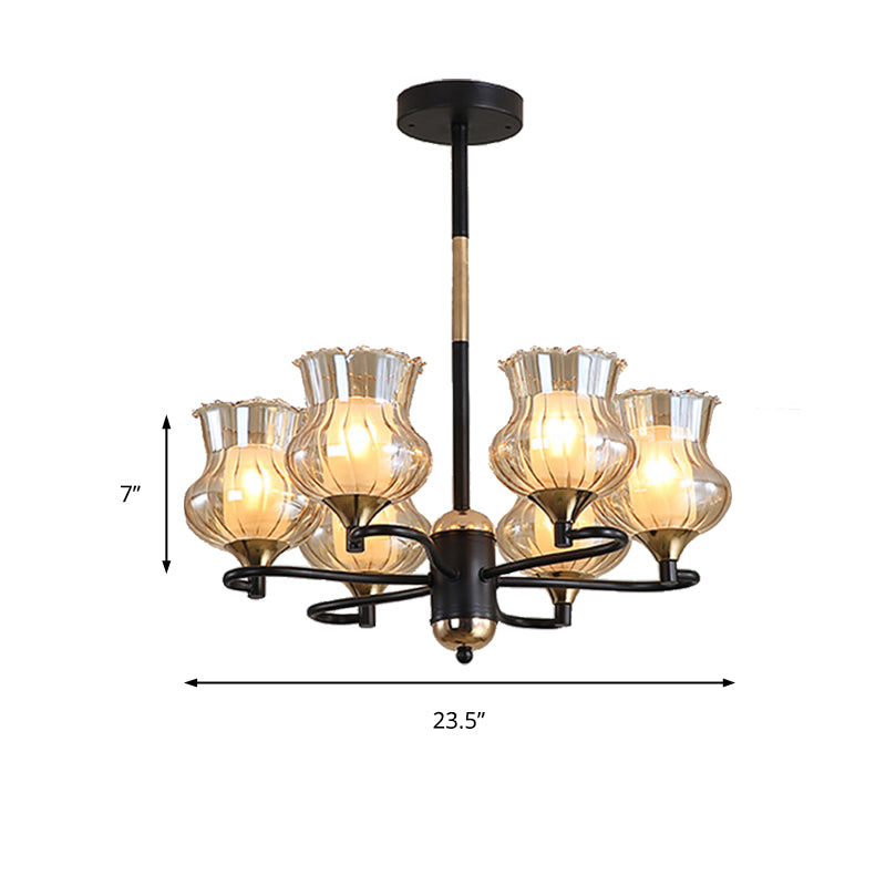 Sputnik Living Room Ceiling Chandelier Classic Tan Textured Glass 3/6/8 Lights Black Hanging Fixture Clearhalo 'Ceiling Lights' 'Chandeliers' Lighting' options 210850