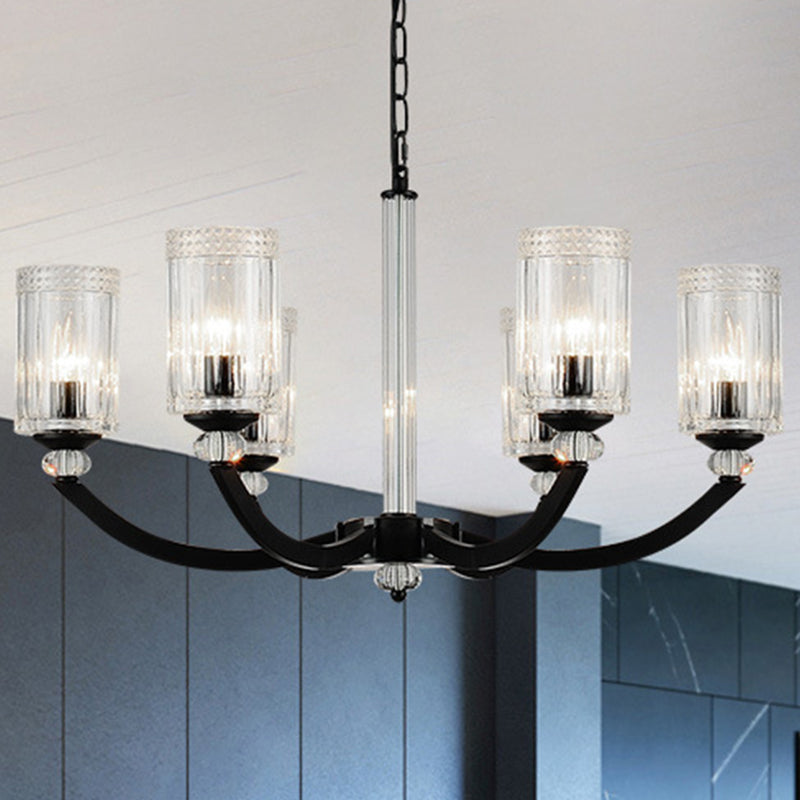 Black 5/6/8 Lights Chandelier Light Fixture Traditional Clear Textured Glass Cylinder Pendant Lamp Clearhalo 'Ceiling Lights' 'Chandeliers' Lighting' options 210905