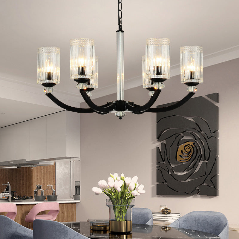 Black 5/6/8 Lights Chandelier Light Fixture Traditional Clear Textured Glass Cylinder Pendant Lamp Clearhalo 'Ceiling Lights' 'Chandeliers' Lighting' options 210906