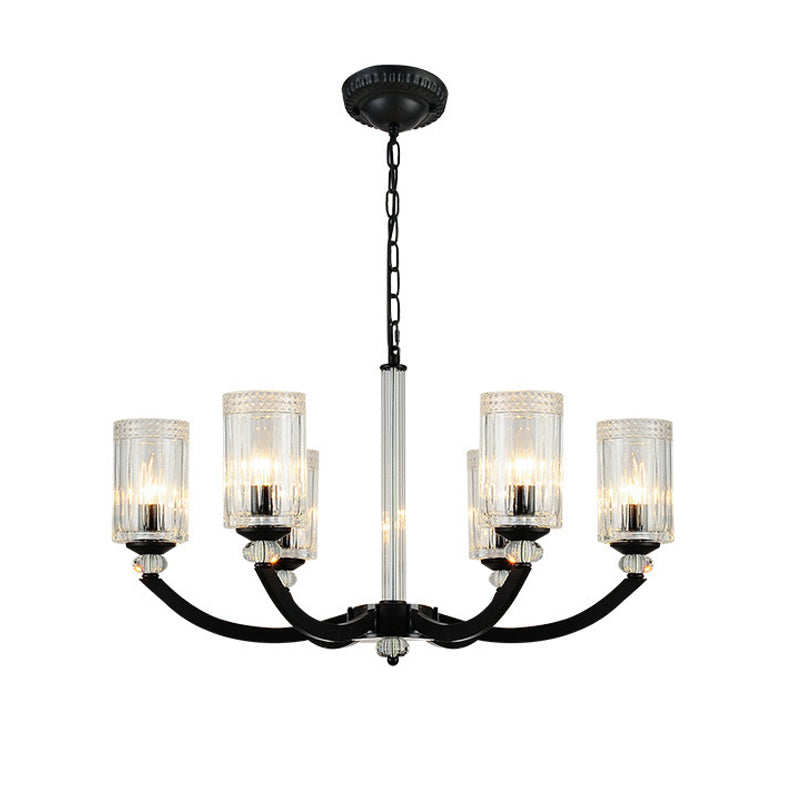 Black 5/6/8 Lights Chandelier Light Fixture Traditional Clear Textured Glass Cylinder Pendant Lamp Clearhalo 'Ceiling Lights' 'Chandeliers' Lighting' options 210907