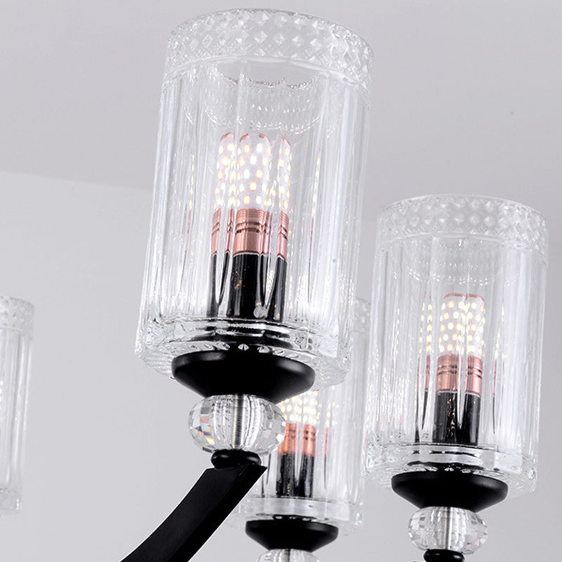 Black 5/6/8 Lights Chandelier Light Fixture Traditional Clear Textured Glass Cylinder Pendant Lamp Clearhalo 'Ceiling Lights' 'Chandeliers' Lighting' options 210911