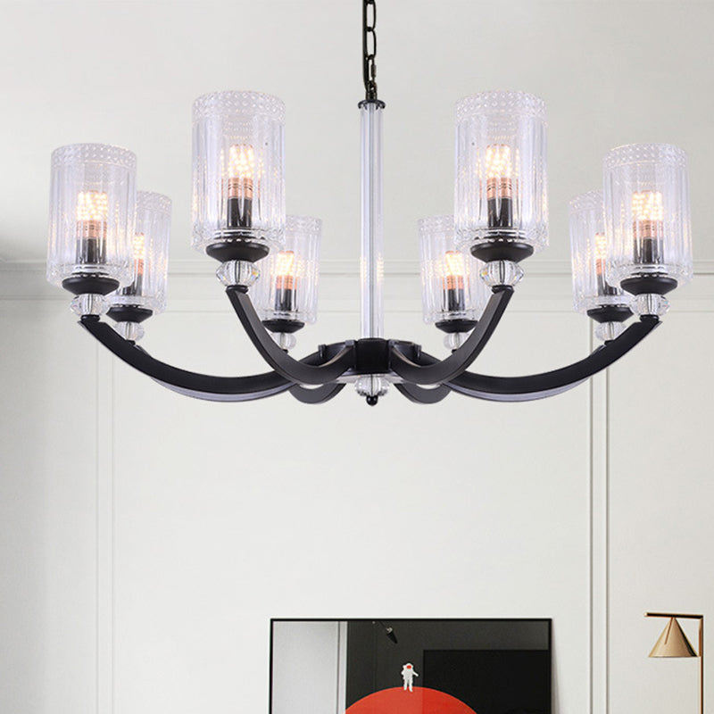 Black 5/6/8 Lights Chandelier Light Fixture Traditional Clear Textured Glass Cylinder Pendant Lamp Clearhalo 'Ceiling Lights' 'Chandeliers' Lighting' options 210912