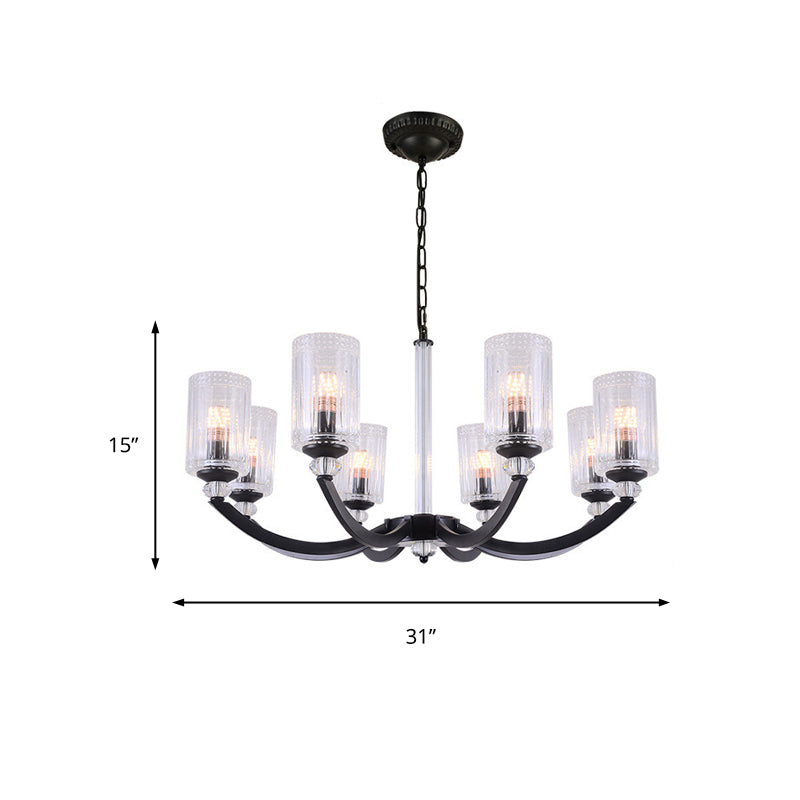 Black 5/6/8 Lights Chandelier Light Fixture Traditional Clear Textured Glass Cylinder Pendant Lamp Clearhalo 'Ceiling Lights' 'Chandeliers' Lighting' options 210913