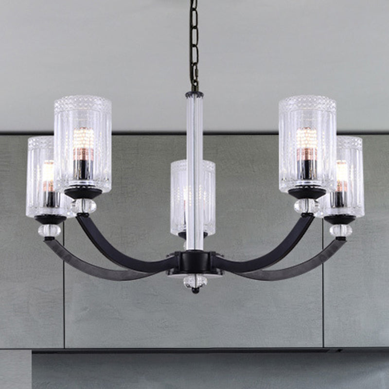 Black 5/6/8 Lights Chandelier Light Fixture Traditional Clear Textured Glass Cylinder Pendant Lamp Clearhalo 'Ceiling Lights' 'Chandeliers' Lighting' options 210914