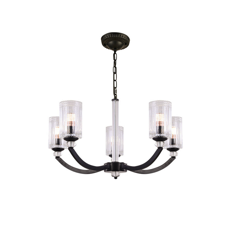 Black 5/6/8 Lights Chandelier Light Fixture Traditional Clear Textured Glass Cylinder Pendant Lamp Clearhalo 'Ceiling Lights' 'Chandeliers' Lighting' options 210915