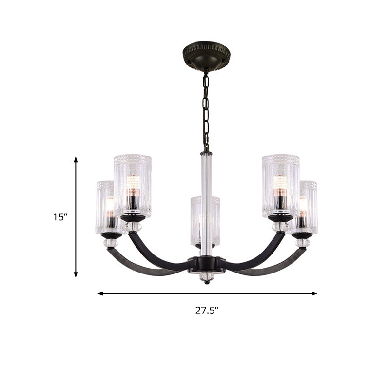 Black 5/6/8 Lights Chandelier Light Fixture Traditional Clear Textured Glass Cylinder Pendant Lamp Clearhalo 'Ceiling Lights' 'Chandeliers' Lighting' options 210916