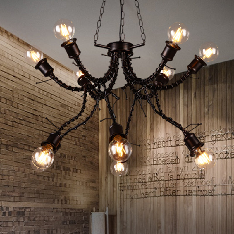 10-Light Human Shade Chandelier Loft Style Black Metal Pendant Light Fixture in Bedroom with Sputnik Shape Clearhalo 'Cast Iron' 'Ceiling Lights' 'Chandeliers' 'Industrial Chandeliers' 'Industrial' 'Metal' 'Middle Century Chandeliers' 'Rustic Chandeliers' 'Tiffany' Lighting' 210918