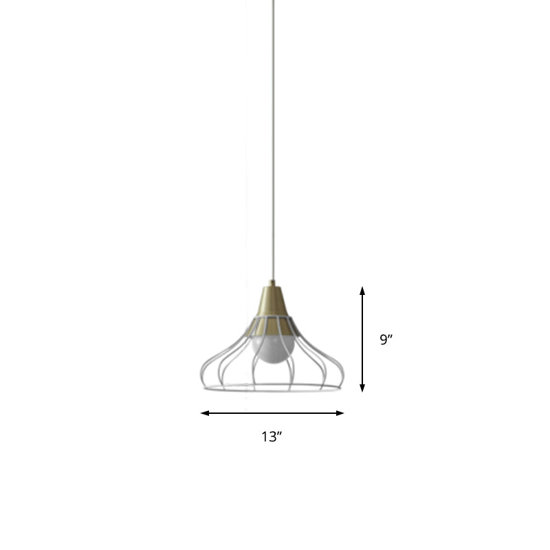 Metal Cone Pendant Lighting Modern 1 Light Hanging Ceiling Lamp Fixture with White/Black Wire-Cage Shade, 9"/13" Wide Clearhalo 'Ceiling Lights' 'Modern Pendants' 'Modern' 'Pendant Lights' 'Pendants' Lighting' 210942