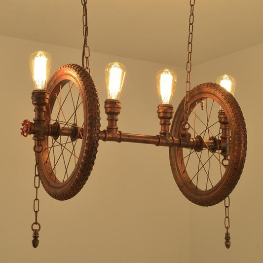 4-Bulb Metal Hanging Light Kit Industrial Weathered Copper Wheel Dining Room Island Lighting Fixture Weathered Copper Clearhalo 'Ceiling Lights' 'Island Lights' Lighting' 210979