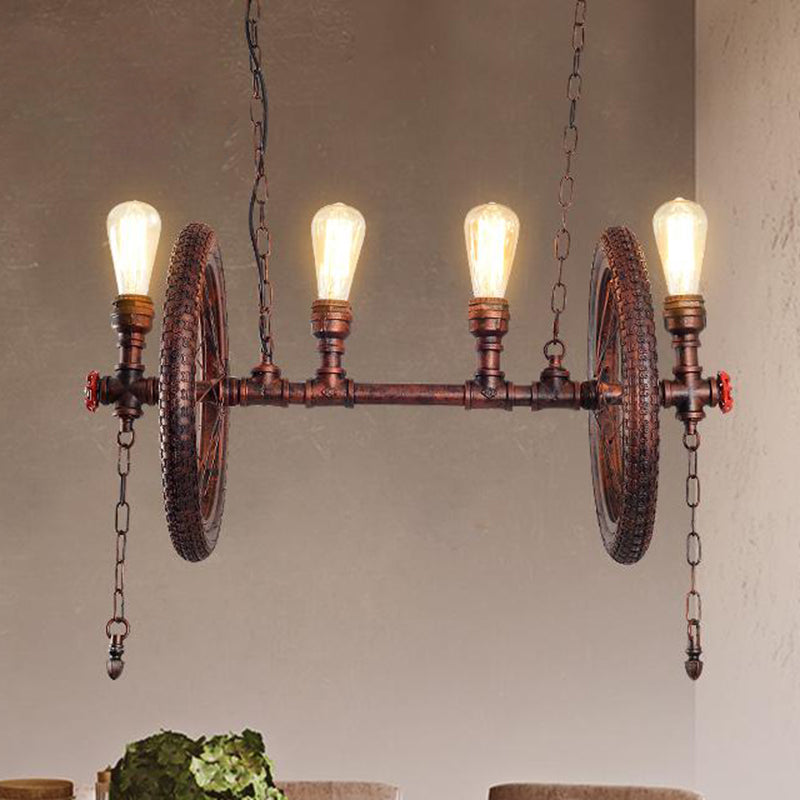 4-Bulb Metal Hanging Light Kit Industrial Weathered Copper Wheel Dining Room Island Lighting Fixture Clearhalo 'Ceiling Lights' 'Island Lights' Lighting' 210980