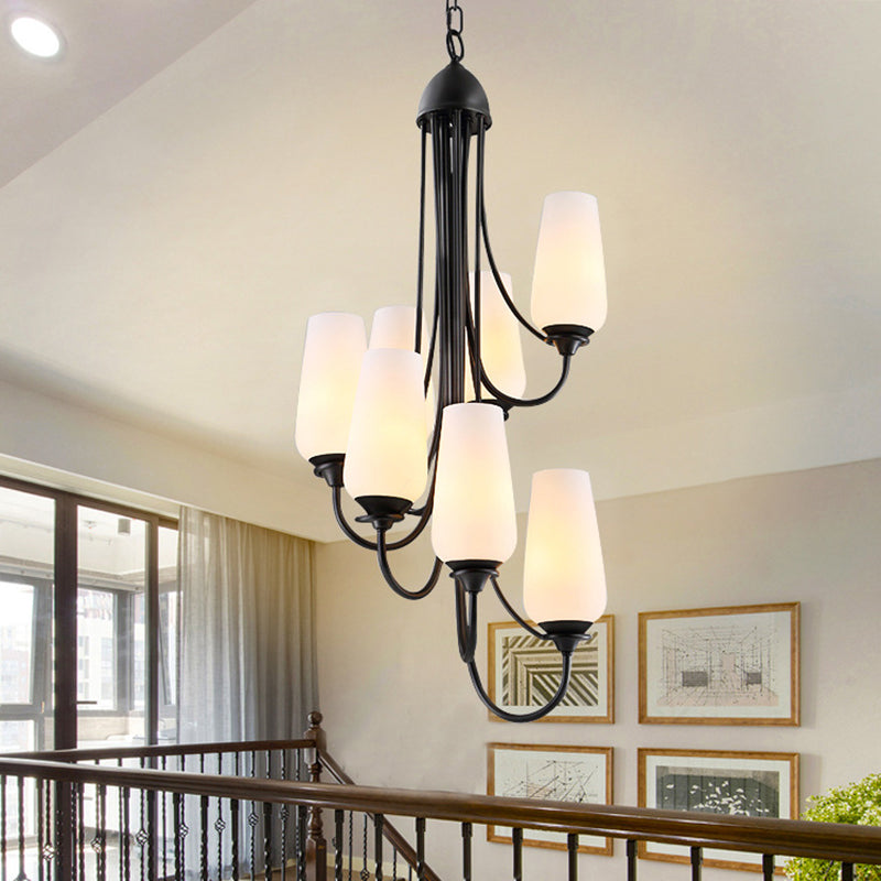 Black Cup Shape Pendant Lighting Traditional Frosted Glass 5/7 Lights Living Room Chandelier for Living Room Clearhalo 'Ceiling Lights' 'Chandeliers' Lighting' options 210987