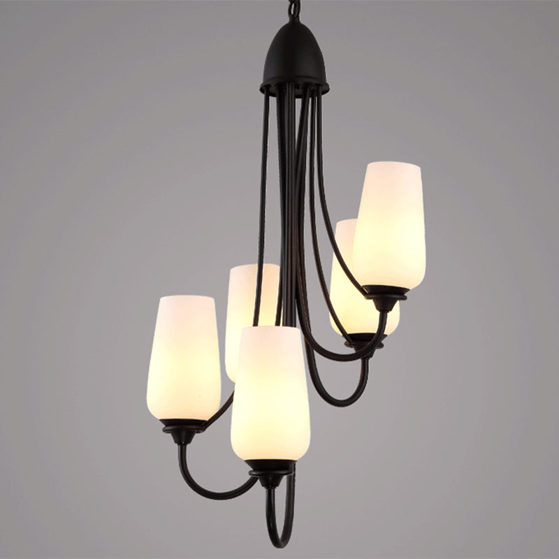 Black Cup Shape Pendant Lighting Traditional Frosted Glass 5/7 Lights Living Room Chandelier for Living Room Clearhalo 'Ceiling Lights' 'Chandeliers' Lighting' options 210994