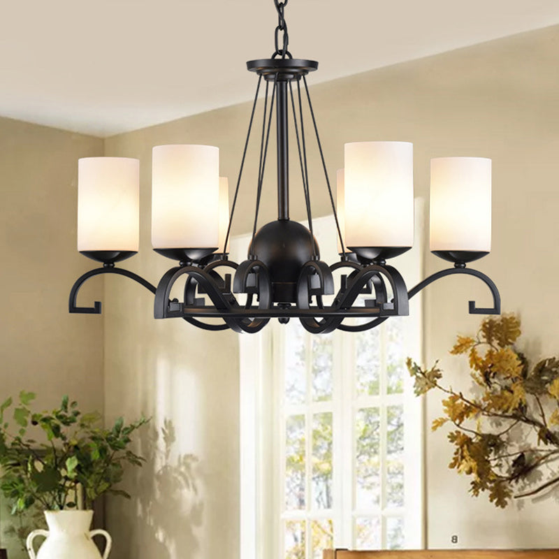 3/6 Lights Chandelier Light with Cylinder Frosted Glass Shade Classic Living Room Ceiling Lamp in Black Clearhalo 'Ceiling Lights' 'Chandeliers' Lighting' options 211140
