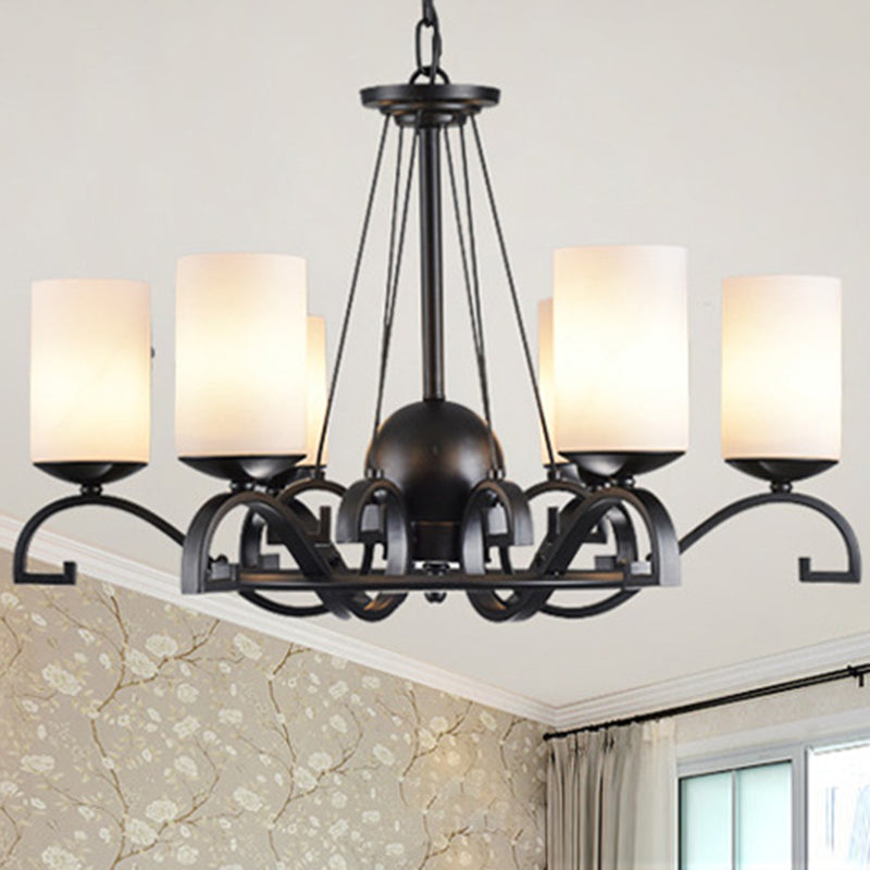 3/6 Lights Chandelier Light with Cylinder Frosted Glass Shade Classic Living Room Ceiling Lamp in Black Clearhalo 'Ceiling Lights' 'Chandeliers' Lighting' options 211141