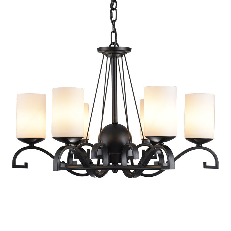 3/6 Lights Chandelier Light with Cylinder Frosted Glass Shade Classic Living Room Ceiling Lamp in Black Clearhalo 'Ceiling Lights' 'Chandeliers' Lighting' options 211142