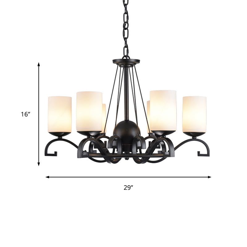 3/6 Lights Chandelier Light with Cylinder Frosted Glass Shade Classic Living Room Ceiling Lamp in Black Clearhalo 'Ceiling Lights' 'Chandeliers' Lighting' options 211143
