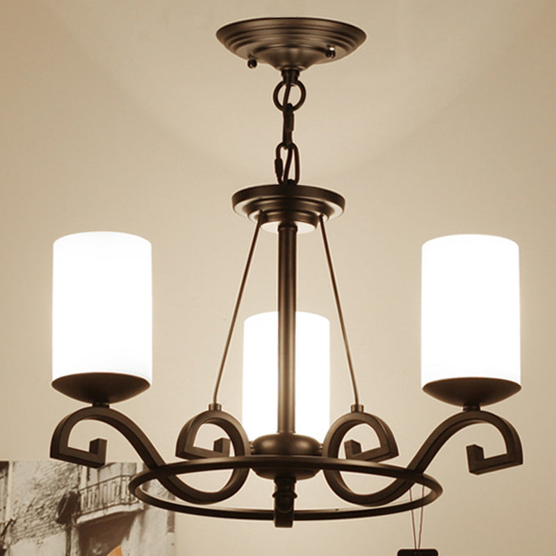 3/6 Lights Chandelier Light with Cylinder Frosted Glass Shade Classic Living Room Ceiling Lamp in Black 3 Black Clearhalo 'Ceiling Lights' 'Chandeliers' Lighting' options 211144_0dc45492-07be-4a7a-90ac-93f6ba388223