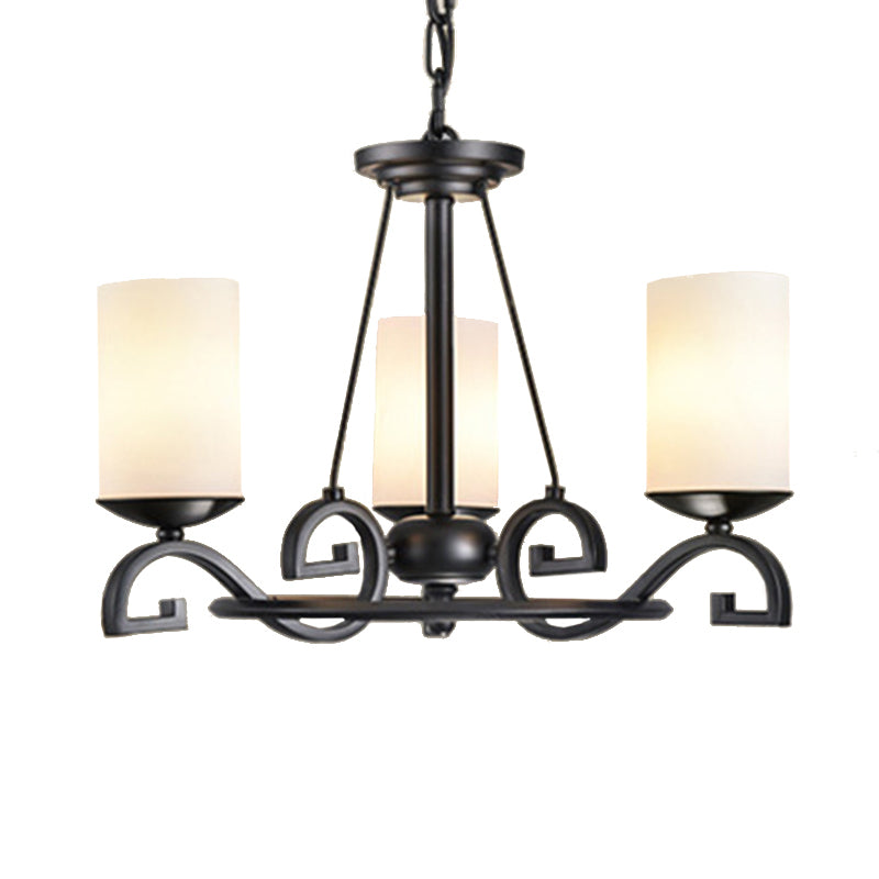 3/6 Lights Chandelier Light with Cylinder Frosted Glass Shade Classic Living Room Ceiling Lamp in Black Clearhalo 'Ceiling Lights' 'Chandeliers' Lighting' options 211145
