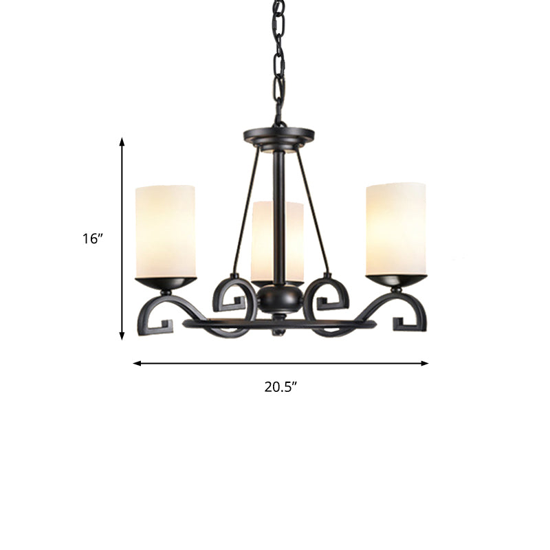 3/6 Lights Chandelier Light with Cylinder Frosted Glass Shade Classic Living Room Ceiling Lamp in Black Clearhalo 'Ceiling Lights' 'Chandeliers' Lighting' options 211146
