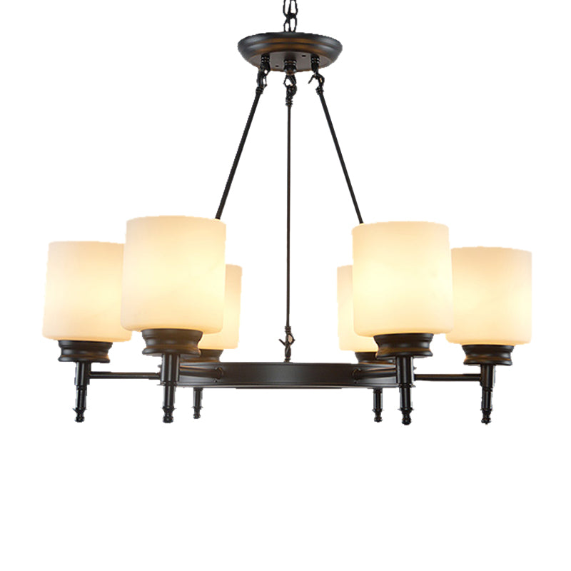 3/6 Lights Frosted Glass Chandelier Traditional Black Wheel Dining Room Hanging Ceiling Fixture with Cylinder Shade Clearhalo 'Ceiling Lights' 'Chandeliers' Lighting' options 211178
