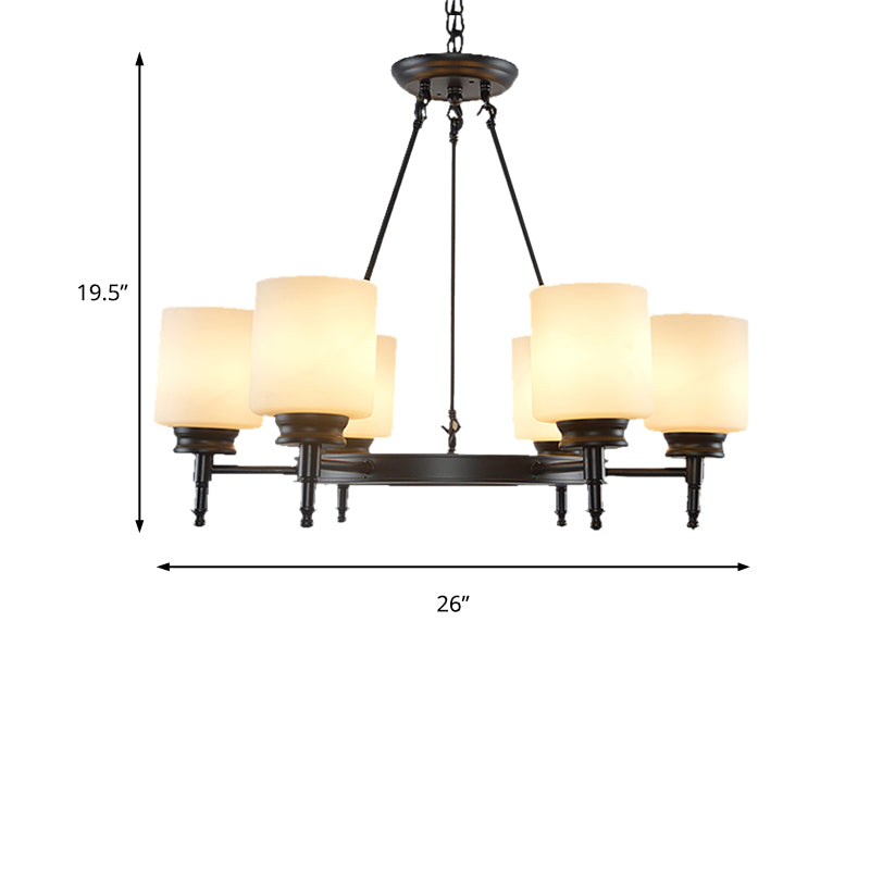 3/6 Lights Frosted Glass Chandelier Traditional Black Wheel Dining Room Hanging Ceiling Fixture with Cylinder Shade Clearhalo 'Ceiling Lights' 'Chandeliers' Lighting' options 211179