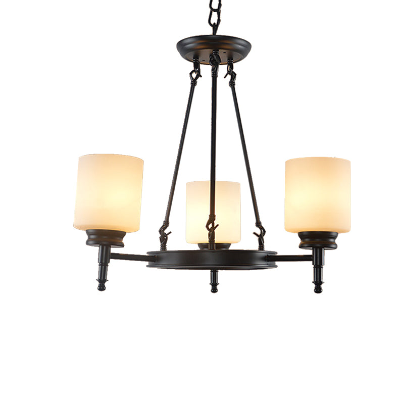 3/6 Lights Frosted Glass Chandelier Traditional Black Wheel Dining Room Hanging Ceiling Fixture with Cylinder Shade Clearhalo 'Ceiling Lights' 'Chandeliers' Lighting' options 211181