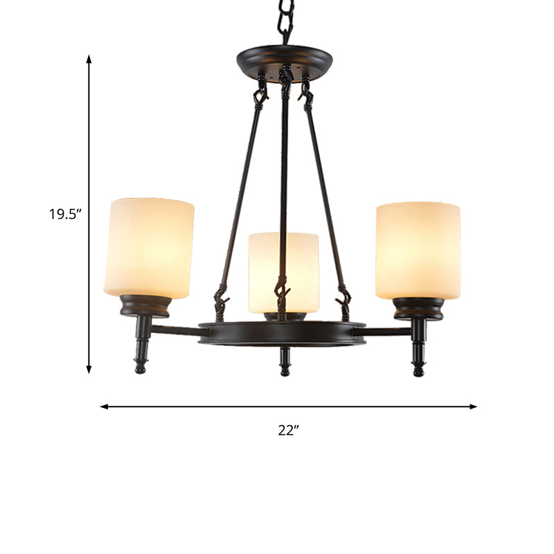 3/6 Lights Frosted Glass Chandelier Traditional Black Wheel Dining Room Hanging Ceiling Fixture with Cylinder Shade Clearhalo 'Ceiling Lights' 'Chandeliers' Lighting' options 211182