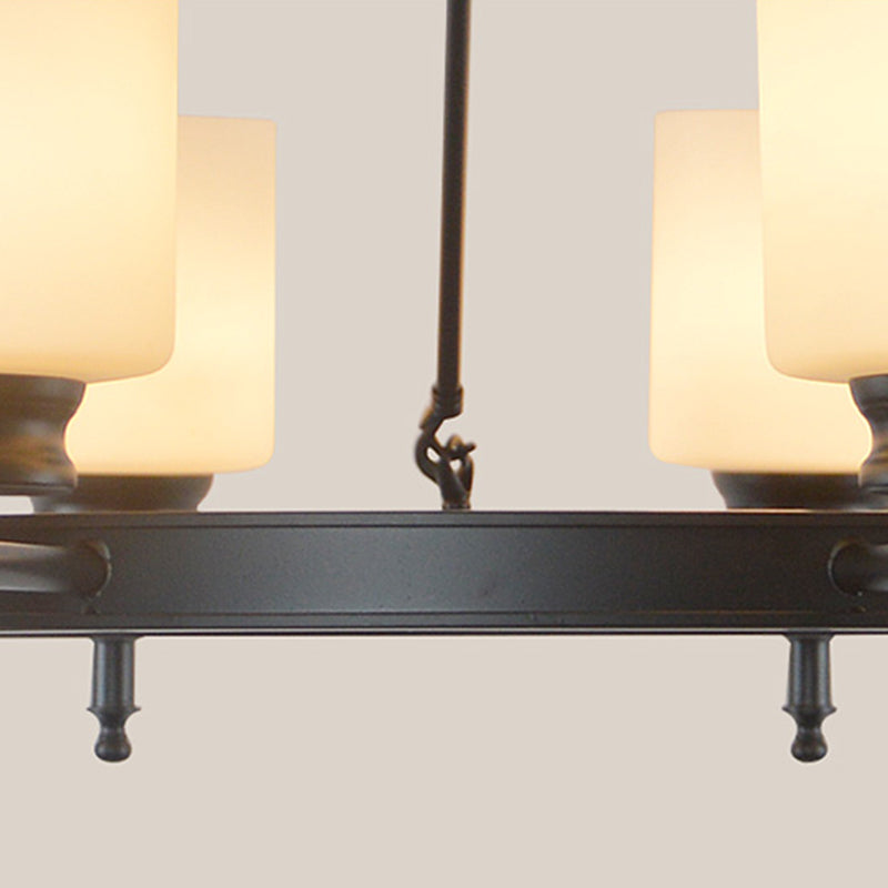 3/6 Lights Frosted Glass Chandelier Traditional Black Wheel Dining Room Hanging Ceiling Fixture with Cylinder Shade Clearhalo 'Ceiling Lights' 'Chandeliers' Lighting' options 211183