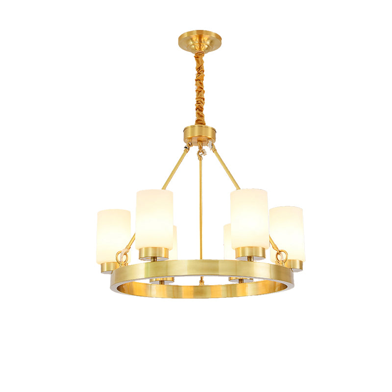 Wagon Wheel Frosted Glass Chandelier Light Classic 4/6 Lights Bedroom Pendant Lighting in Gold with Cylinder Shade Clearhalo 'Ceiling Lights' 'Chandeliers' Lighting' options 211217