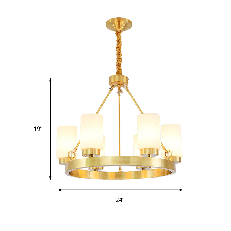 Wagon Wheel Frosted Glass Chandelier Light Classic 4/6 Lights Bedroom Pendant Lighting in Gold with Cylinder Shade Clearhalo 'Ceiling Lights' 'Chandeliers' Lighting' options 211218