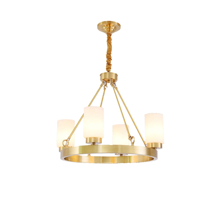 Wagon Wheel Frosted Glass Chandelier Light Classic 4/6 Lights Bedroom Pendant Lighting in Gold with Cylinder Shade Clearhalo 'Ceiling Lights' 'Chandeliers' Lighting' options 211220