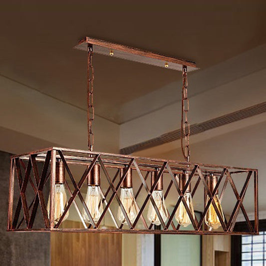 Cross Framed Box Dining Room Island Light Fixture Industrial Metal 6 Lights Rust Hanging Lamp Kit Rust Clearhalo 'Ceiling Lights' 'Island Lights' Lighting' 211234