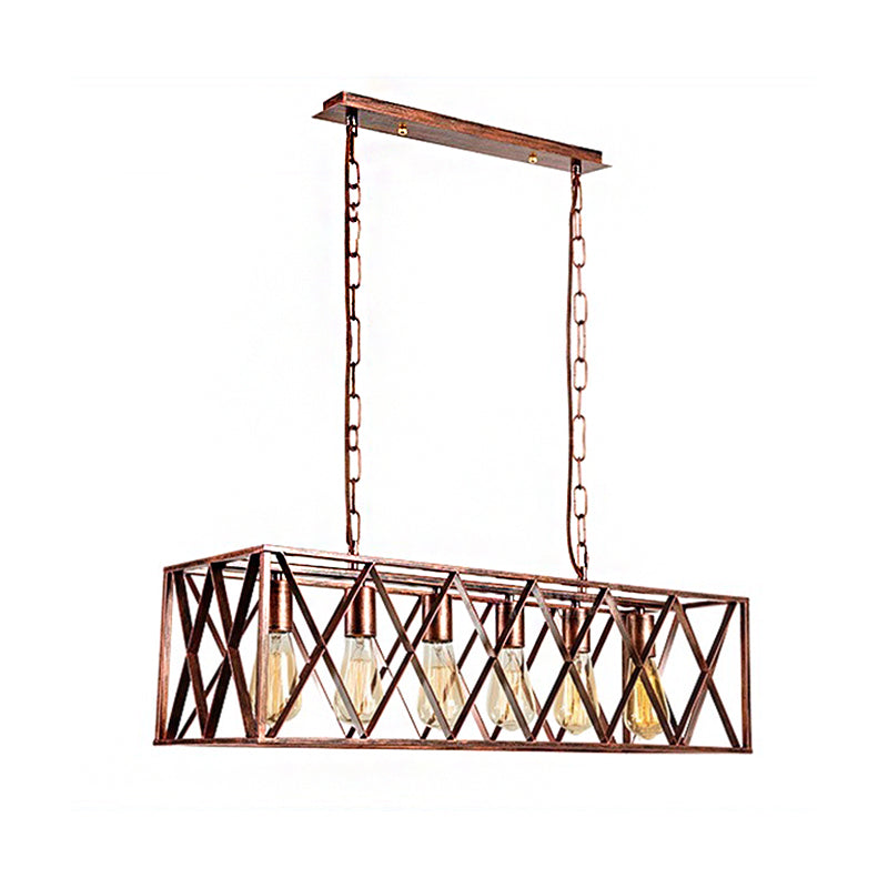 Cross Framed Box Dining Room Island Light Fixture Industrial Metal 6 Lights Rust Hanging Lamp Kit Clearhalo 'Ceiling Lights' 'Island Lights' Lighting' 211236