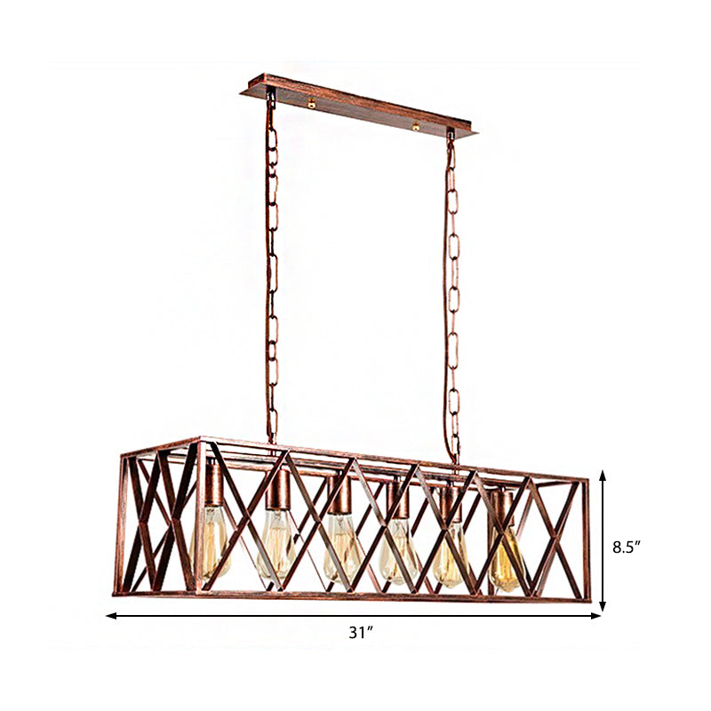 Cross Framed Box Dining Room Island Light Fixture Industrial Metal 6 Lights Rust Hanging Lamp Kit Clearhalo 'Ceiling Lights' 'Island Lights' Lighting' 211237