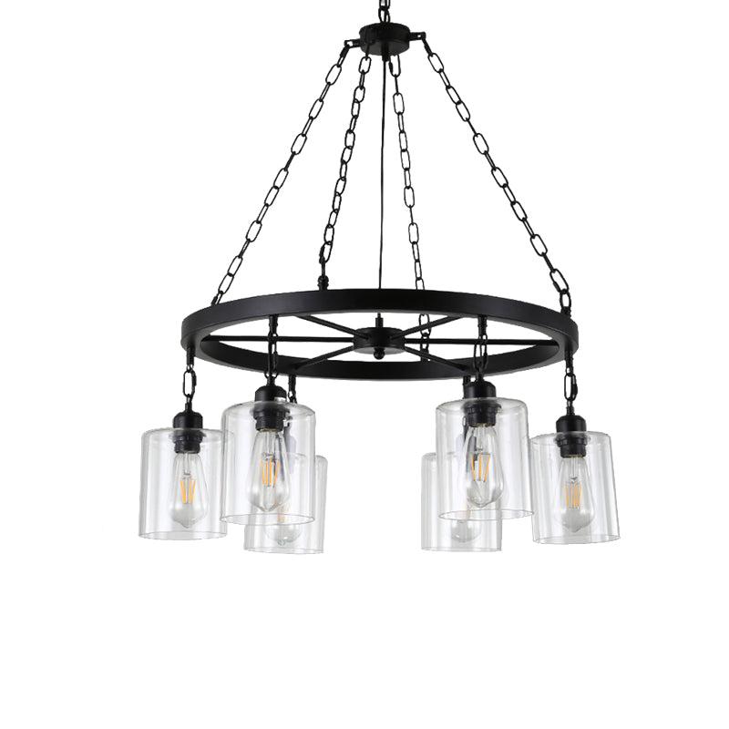 Black 6/8 Lights Pendant Chandelier Traditional Clear Glass Cylinder Hanging Light with Wagon Wheel Design Clearhalo 'Ceiling Lights' 'Chandeliers' Lighting' options 211371