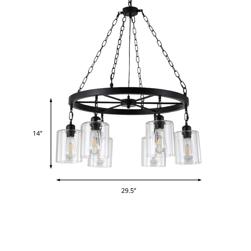 Black 6/8 Lights Pendant Chandelier Traditional Clear Glass Cylinder Hanging Light with Wagon Wheel Design Clearhalo 'Ceiling Lights' 'Chandeliers' Lighting' options 211372