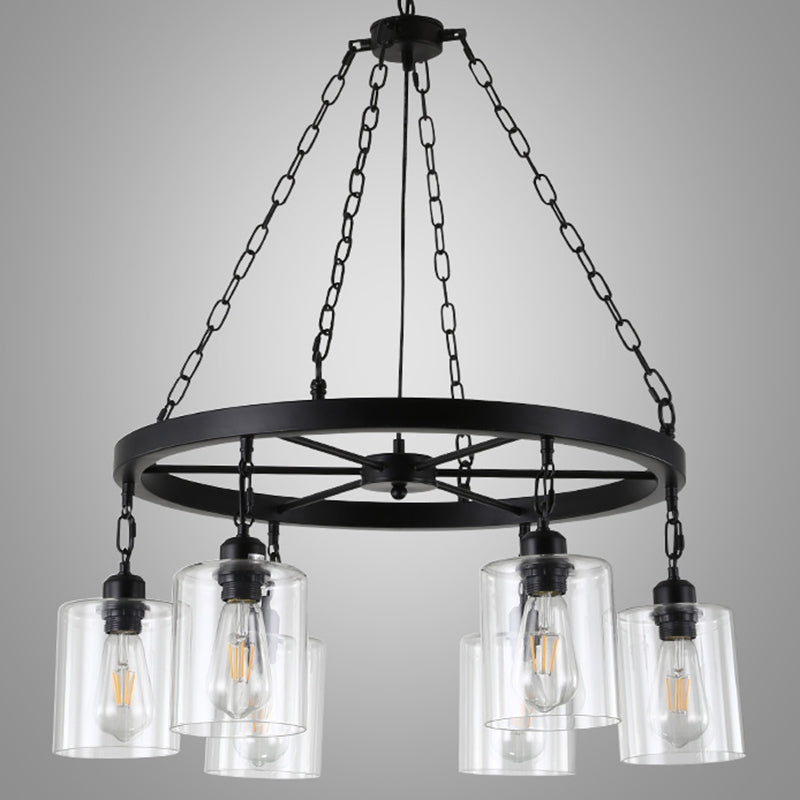 Black 6/8 Lights Pendant Chandelier Traditional Clear Glass Cylinder Hanging Light with Wagon Wheel Design Clearhalo 'Ceiling Lights' 'Chandeliers' Lighting' options 211373