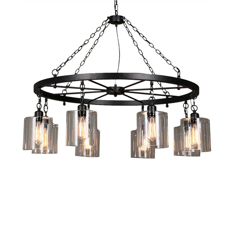 Black 6/8 Lights Pendant Chandelier Traditional Clear Glass Cylinder Hanging Light with Wagon Wheel Design Clearhalo 'Ceiling Lights' 'Chandeliers' Lighting' options 211375