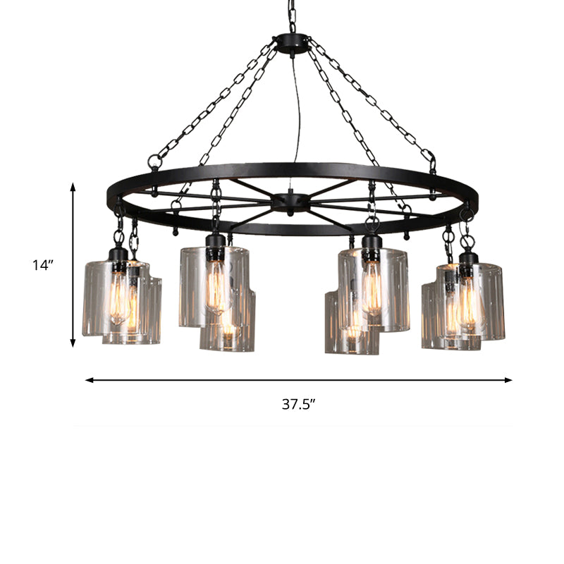 Black 6/8 Lights Pendant Chandelier Traditional Clear Glass Cylinder Hanging Light with Wagon Wheel Design Clearhalo 'Ceiling Lights' 'Chandeliers' Lighting' options 211376