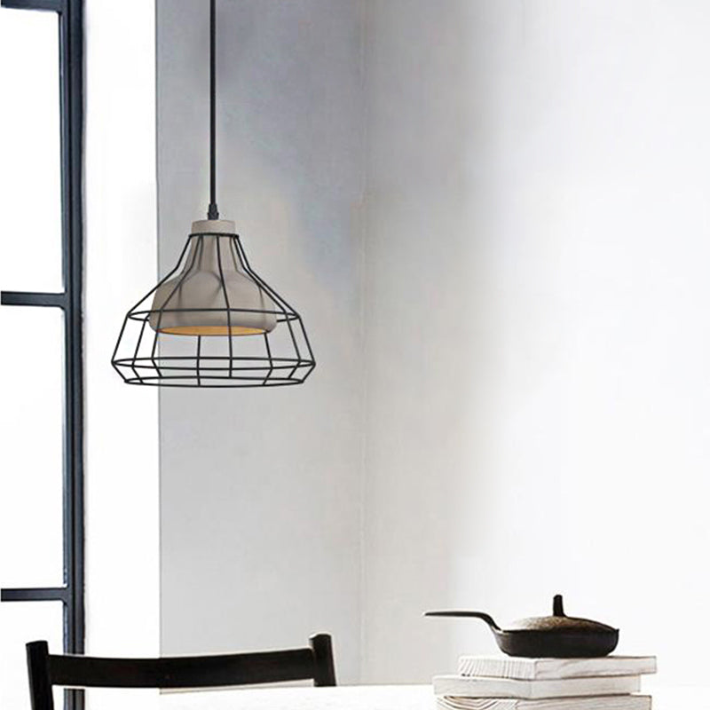 Cement Cone Suspension Light Modernist 1 Light Black Hanging Pendant Lamp with Wire-Cage Shade, 10.5"/14" Wide Clearhalo 'Ceiling Lights' 'Modern Pendants' 'Modern' 'Pendant Lights' 'Pendants' Lighting' 211463